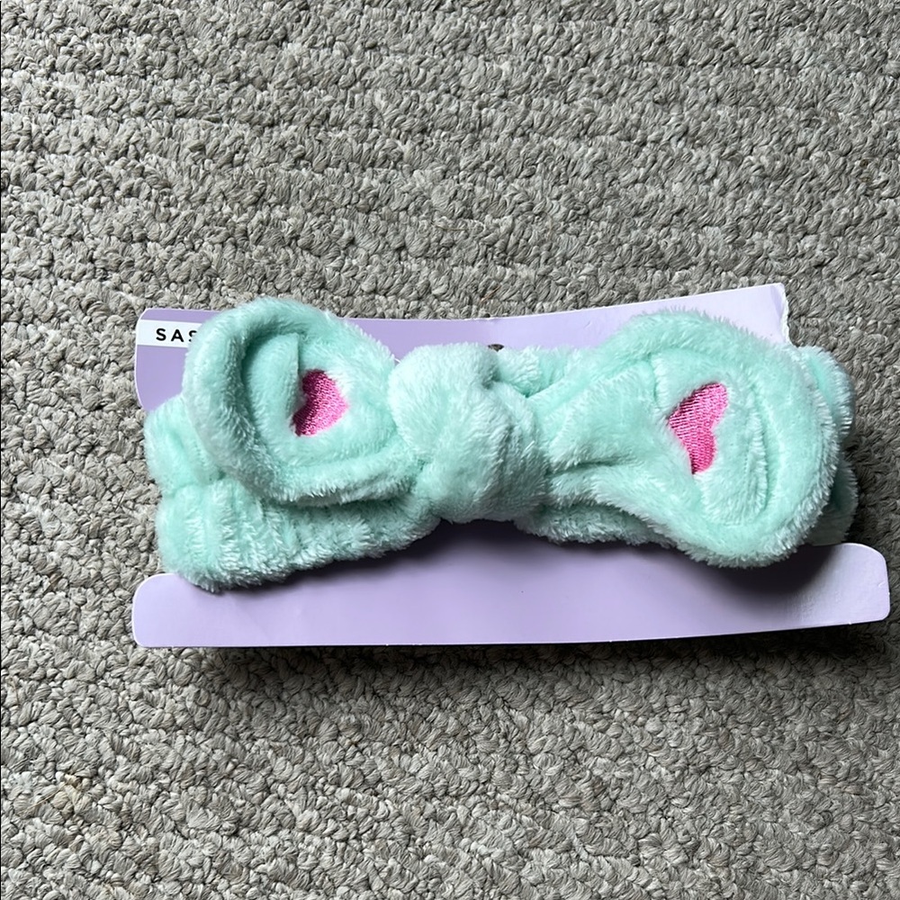 Mint Green Plush Headband with Pink Accents